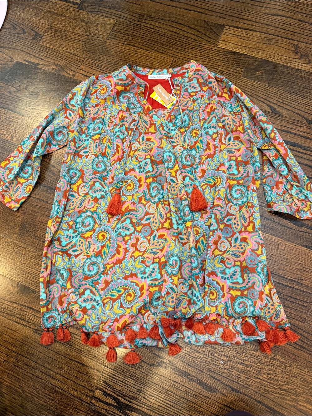 Roller Rabbit Multicolor Paisley Swim Coverup with Orange Tassels